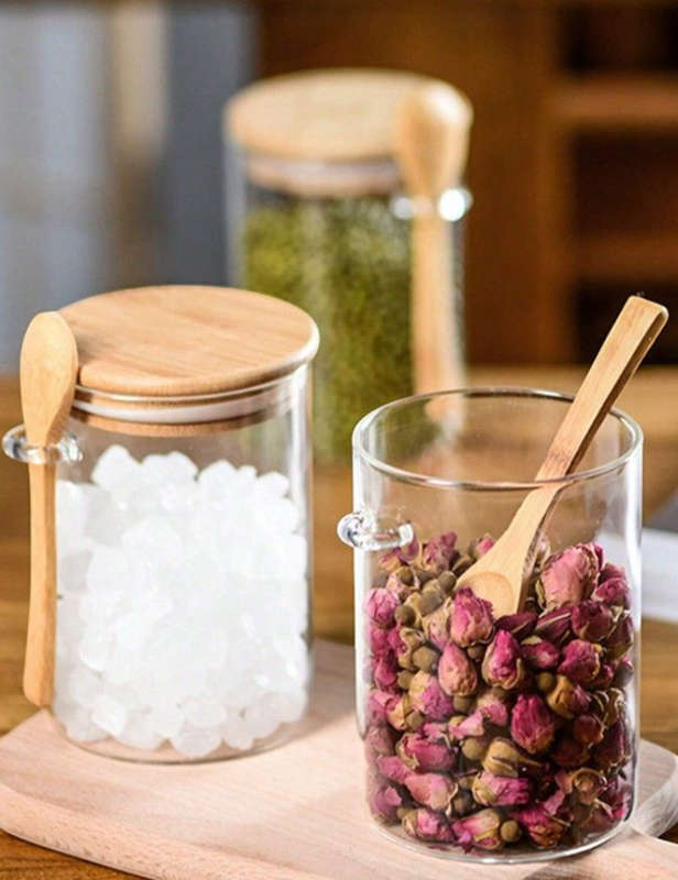 BURRAAQ TRANDING/ 3 PIECE REUSABLE GLASS JARS WITH AIRTIGHT BAMBOO LID AND SPOON