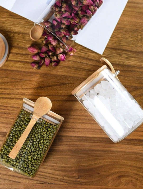 BURRAAQ TRANDING/ 3 PIECE REUSABLE GLASS JARS WITH AIRTIGHT BAMBOO LID AND SPOON