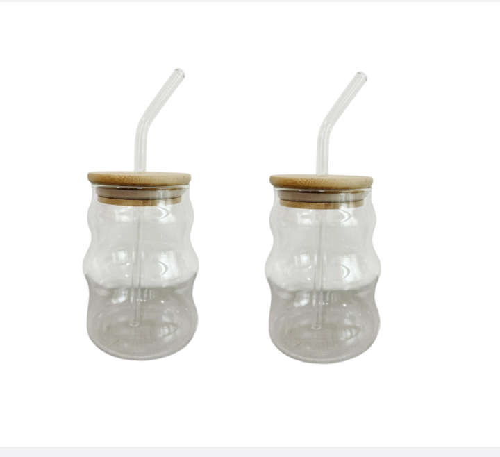 BURRAAQ TRANDING/ TRANSPARENT ICE COFFEE GLASS WITH BAMBOO LID AND STRAW 2 PIC
