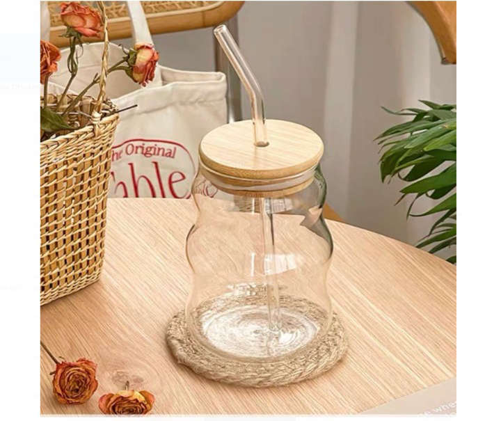 BURRAAQ TRANDING/ TRANSPARENT ICE COFFEE GLASS WITH BAMBOO LID AND STRAW 2 PIC