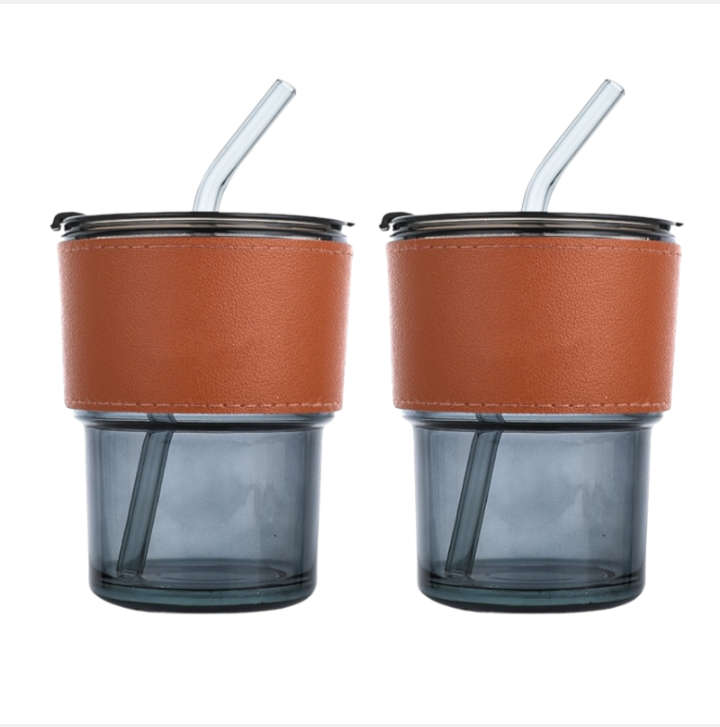 BURRAAQ TRANDING / GLASS TUMBLER WITH LID AND GLASS STRAW 400 ML TEA CUP