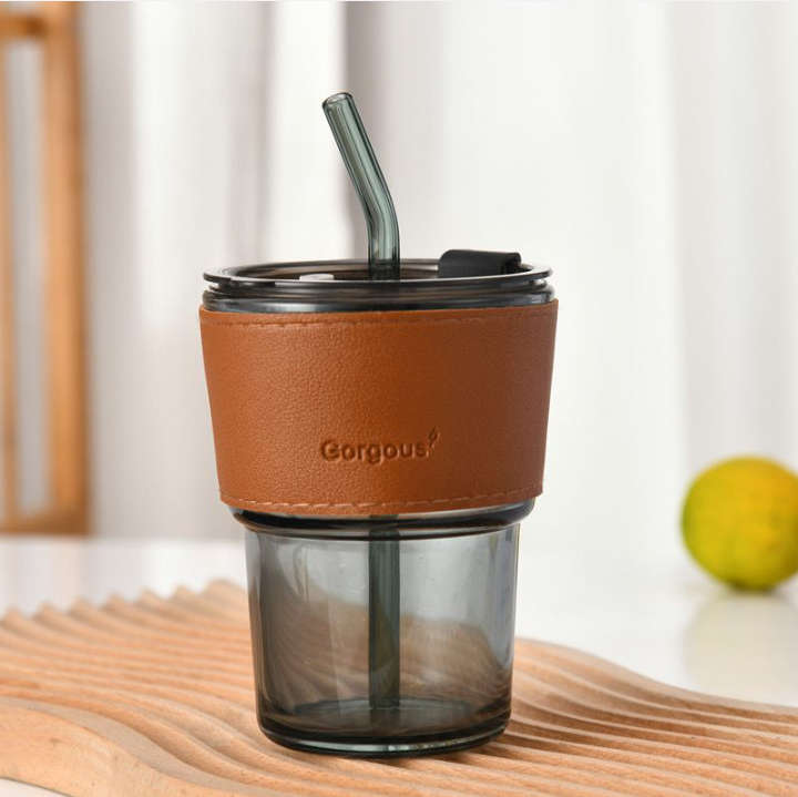 BURRAAQ TRANDING / GLASS TUMBLER WITH LID AND GLASS STRAW 400 ML TEA CUP
