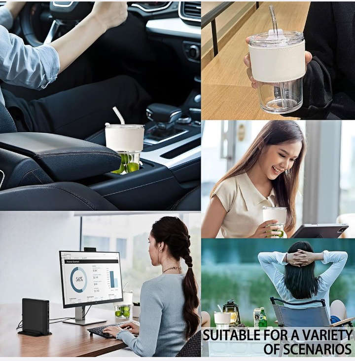 BURRAAQ TRANDING / GLASS TUMBLER WITH LID AND GLASS STRAW 400 ML TEA CUP