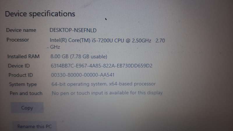 DELL laptop intel core i5-7200u cpu @2.50ghz  2.70
