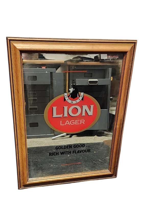 LION LAGER FRAMED BAR ADVERTISEMENT MIRROR.