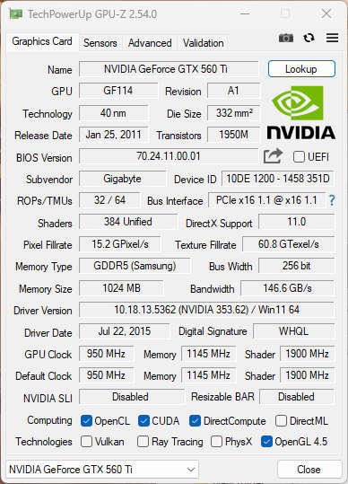 NVIDIA GeForce GTX 560 Ti 256bit GDDR5 Graphics Card - Directx 11.0 CUDA 2.1 OpenGL 4.6