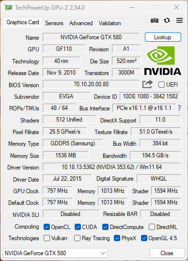 NVIDIA GeForce GTX 580 1.5GB 384bit GDDR5 Graphics Card - Directx 11_0 CUDA 2.0 OpenGL 4.6