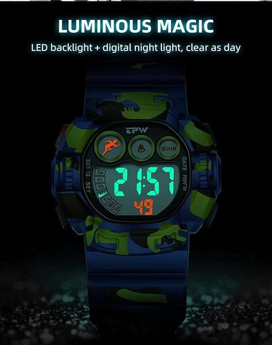 Kiddies digital sports watch, Army style, Waterproof (35 bar), 12/24
