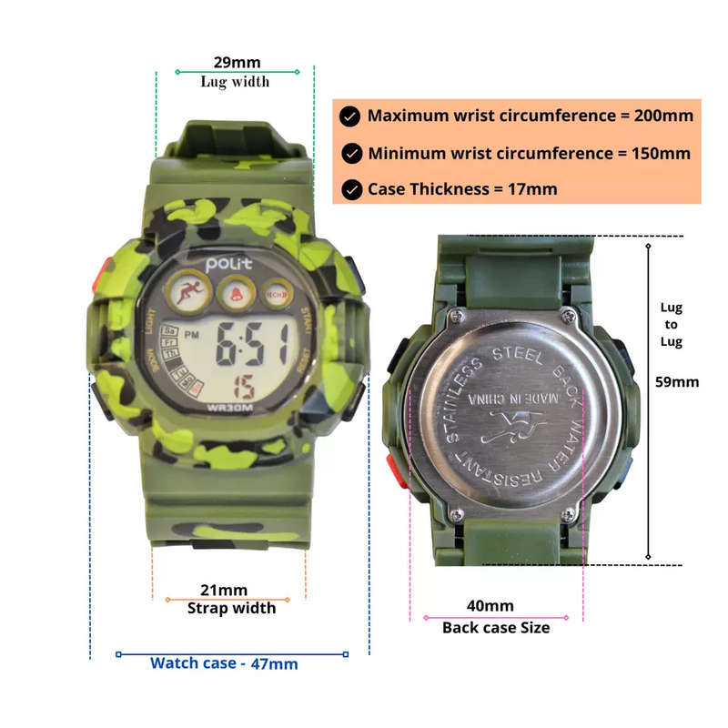 Kiddies digital sports watch, Army style, Waterproof (35 bar), 12/24