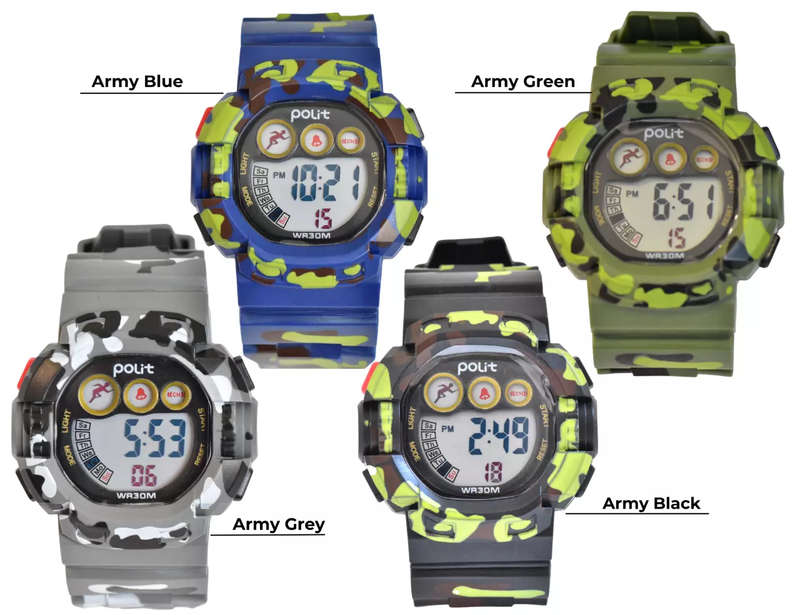 Kiddies digital sports watch, Army style, Waterproof (35 bar), 12/24