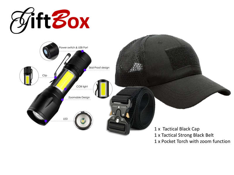 Black Velcro Cap + Mini Torch + Black Belt Box Combo