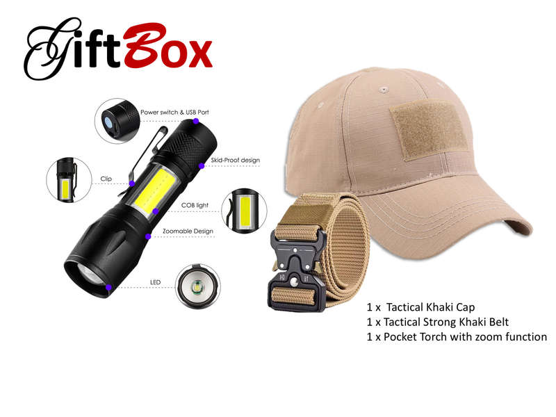 Khaki Velcro Cap + Mini Torch + Khaki Belt Box Combo