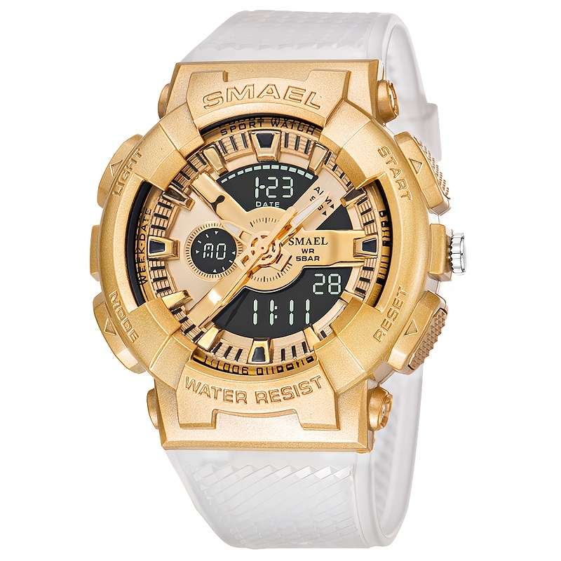 Dual Display Shock Resistant Digital Watch (Color: Golden)