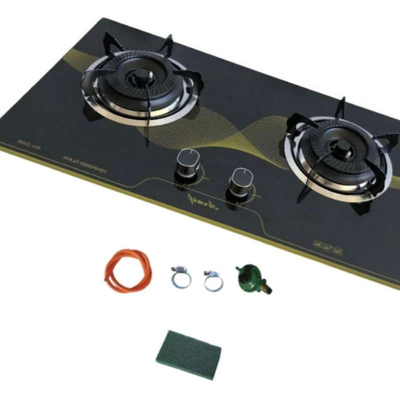 Tempered Glass- 2 Burner Gas Stove with Pipe & Regulator Aluminium Manual Gas Stove