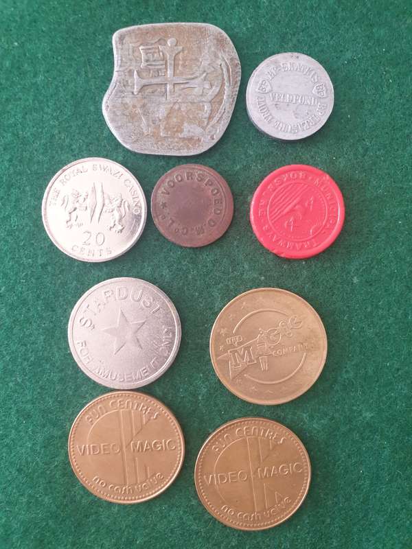 9 x Tokens (incl. antique Voorspoed Mines and Boksburg Tramways tokens)