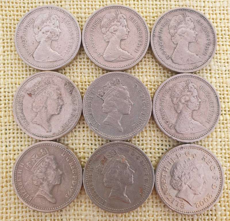 9 x British one pound coins (1983 to 2002)