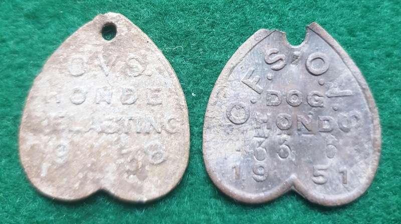 2 x Vintage OFS dog licence tags (1938 and 1951)
