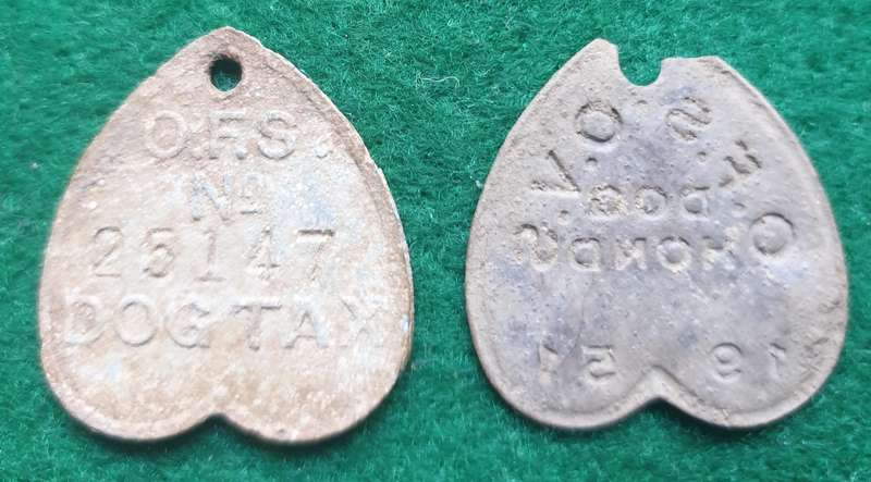2 x Vintage OFS dog licence tags (1938 and 1951)