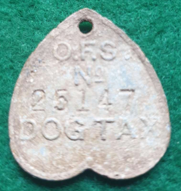 2 x Vintage OFS dog licence tags (1938 and 1951)