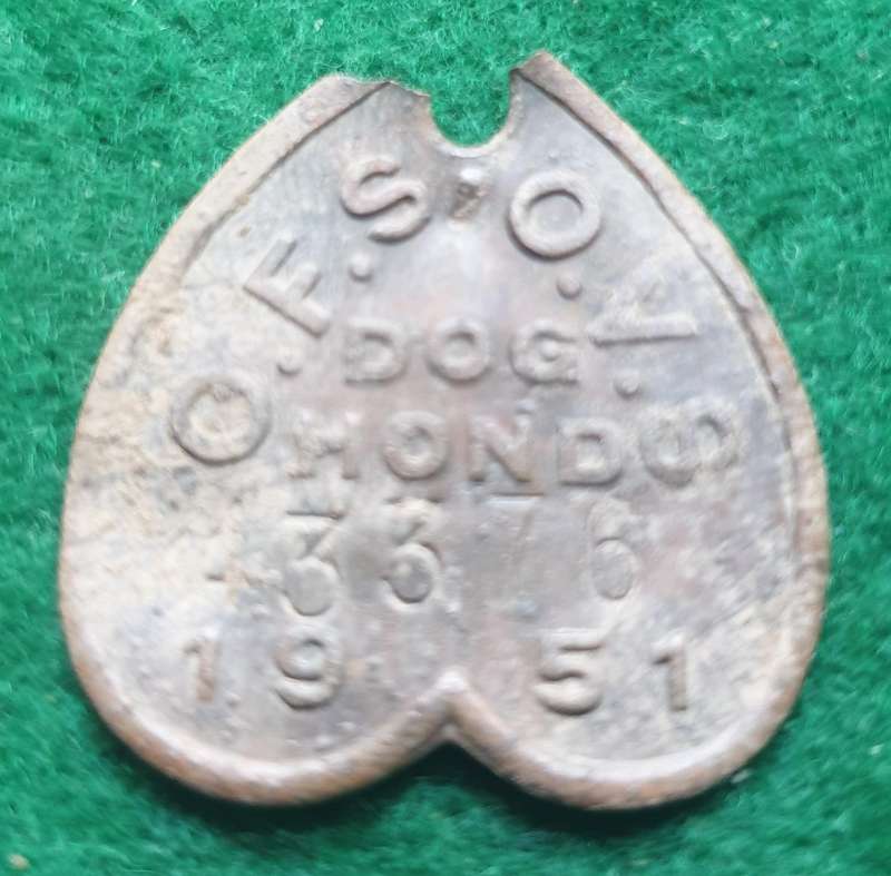2 x Vintage OFS dog licence tags (1938 and 1951)