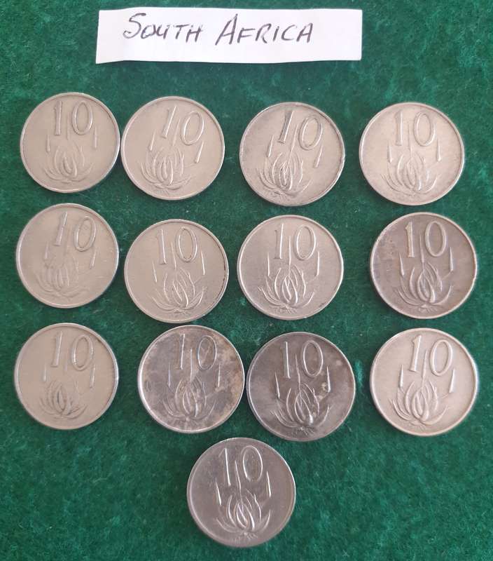 13 x South African 10c coins (mostly 1965)