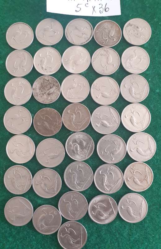36 x South African 5c coins (1965 to 1988)