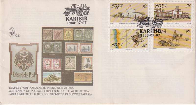 FDC SWA 1988 The 100th Anniversary of Postal Service in South West Africa