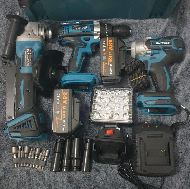 4 in 1 Cordless Power Combo Kit - Impact Wrench - Electric Drill - Angle Grinder - 100W LED Light
