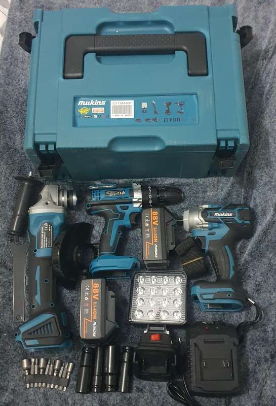 4 in 1 Cordless Power Combo Kit - Impact Wrench - Electric Drill - Angle Grinder - 100W LED Light