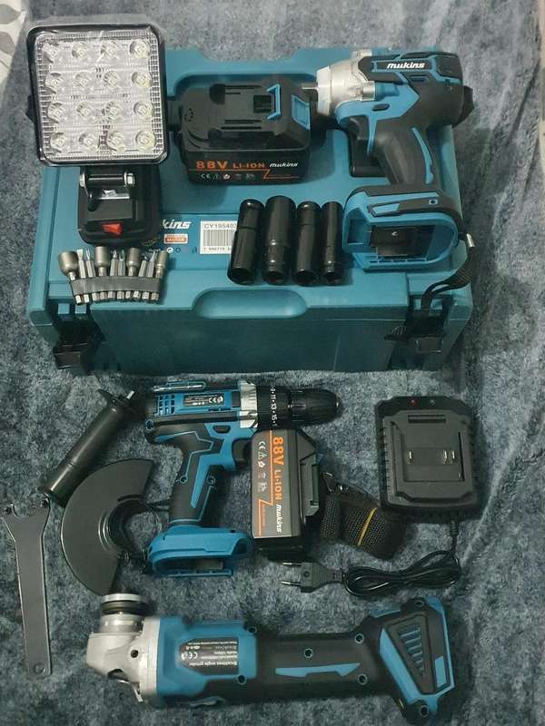 4 in 1 Cordless Power Combo Kit - Impact Wrench - Electric Drill - Angle Grinder - 100W LED Light