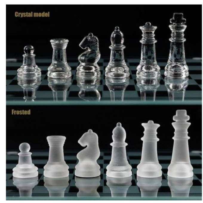 Glass Chess Set Board Game Elegant Design 32 Frosted and Clear Pieces