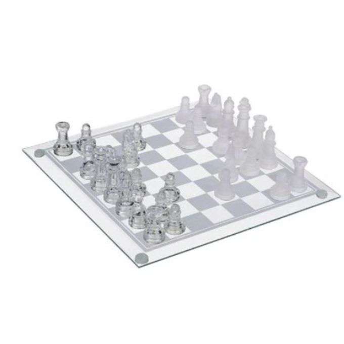 Glass Chess Set Board Game Elegant Design 32 Frosted and Clear Pieces
