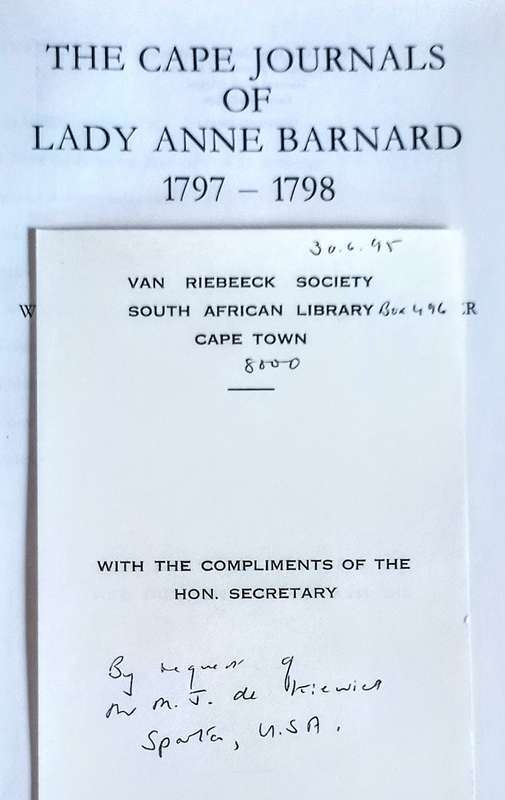 The Cape Journals of Lady Anne Barnard. 1797 - 1798. Hardcover, DJ