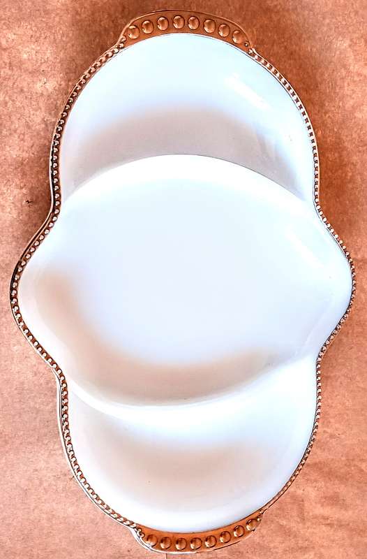 Vintage 1950's Fire King Opaline White Gold Trim Divided Relish Dish