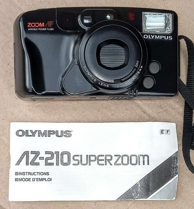 Olympus AZ-210 Super Zoom AF 38-76mm Variable Power Flash 35mm Film Camera in Working Condition
