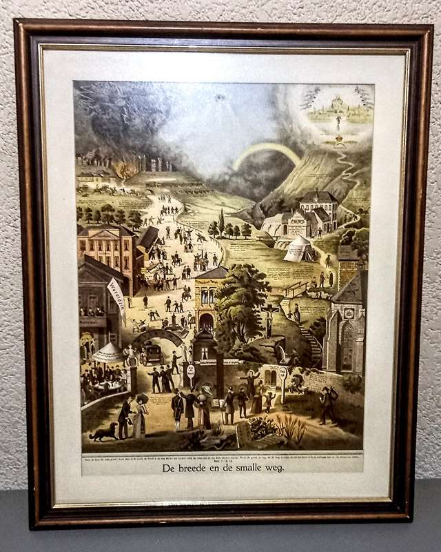 Vintage "De breede en de smalle weg" Print. Wood Frame behind Glass. 52cm x 65cm with Frame