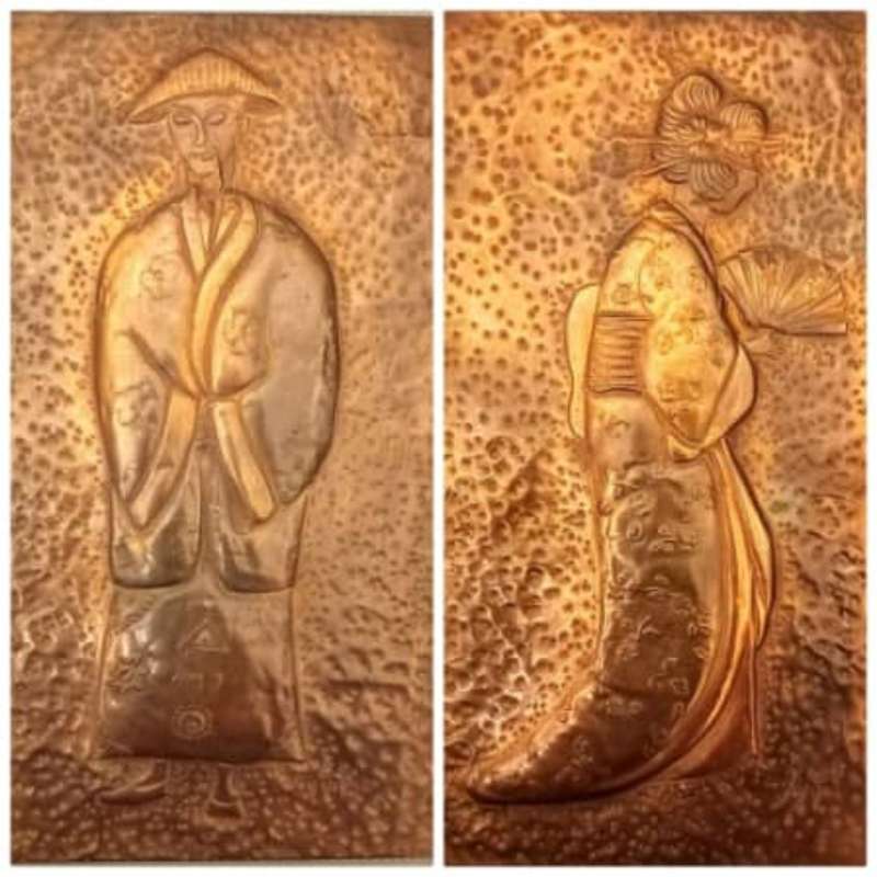 Asian inspired copper repousse art. Dated 1970. 19cm x 33cm Each