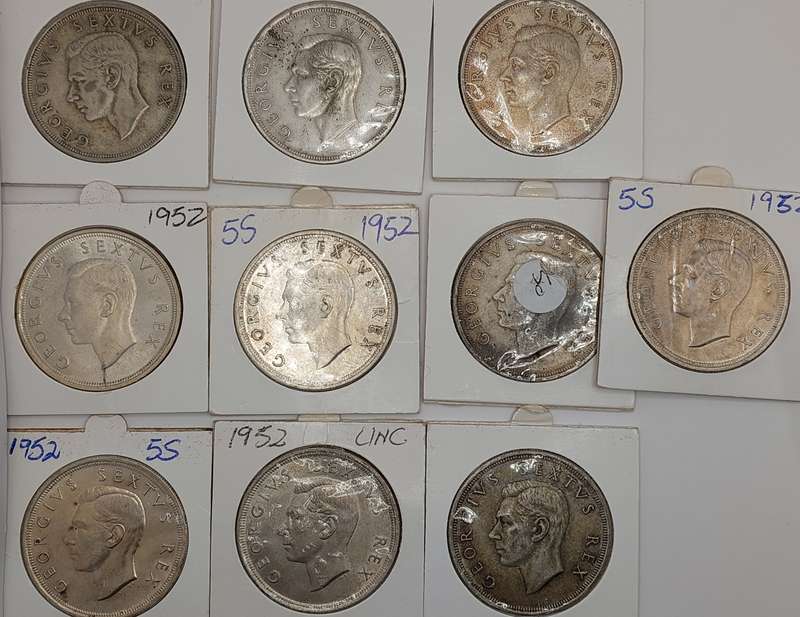 10x 1952 5 Shillings weight 28.28g each 50% silver content 14.14g pure silver bid per coin