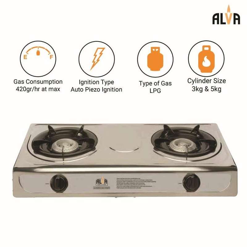 ALVA Double Burner LP Gas Stove | Stainless Steel Body | 2 Plate