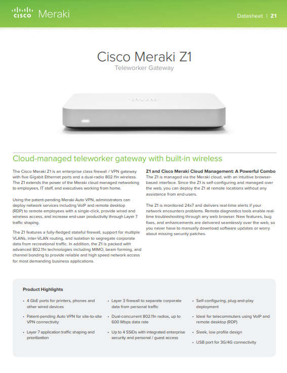 Cisco Meraki Z1 Cloud-Managed teleworker Gateway