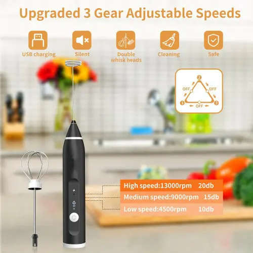 Electric Mixer Milk Frothers  Handheld USB Rechargeable Drink Foam Maker 3-Speed