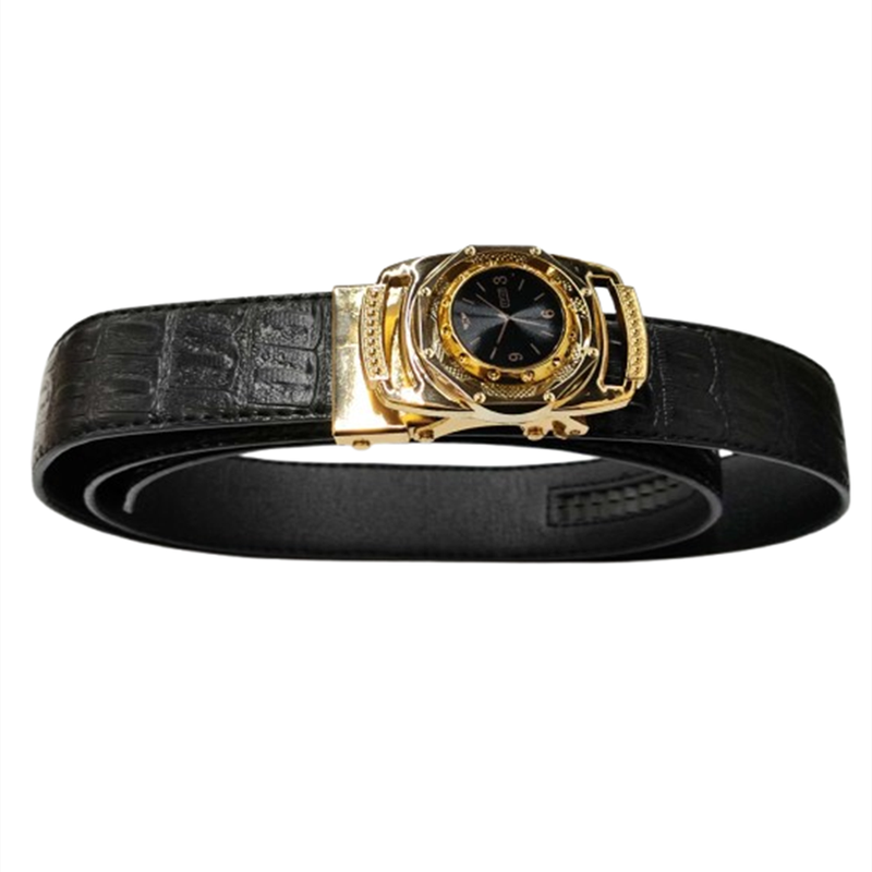 Stylish Luxury Men's Automatic Buckle Belt Black with Clock Decoration