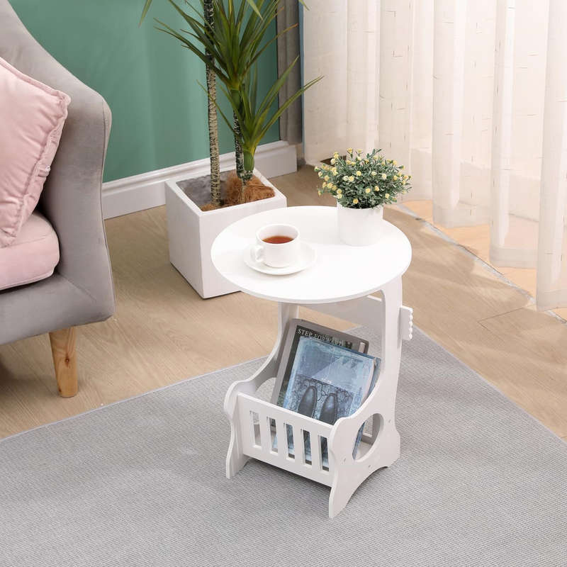 Modern design round side table with integrated storage basket suitable for living room, bedroom