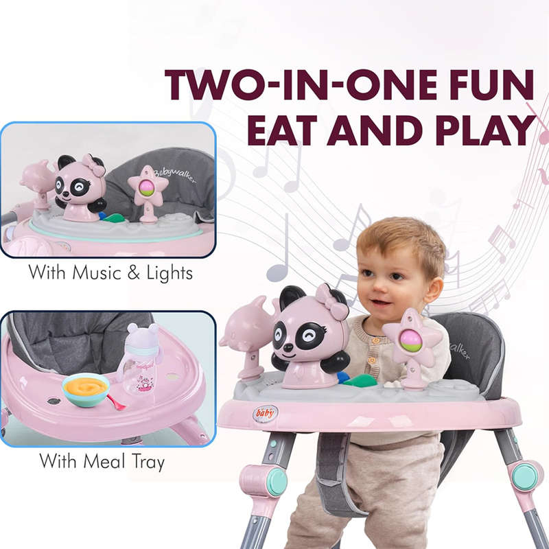 Baby walker multifunctional adjustable height with music, toys, food tray and silent wheels