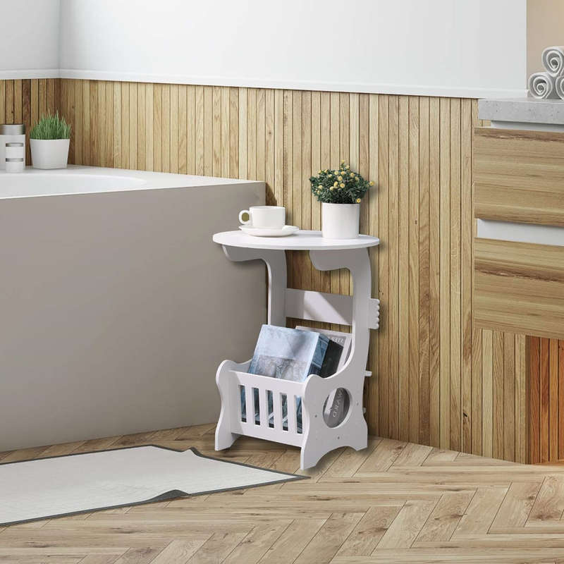 Modern design round side table with integrated storage basket suitable for living room, bedroom