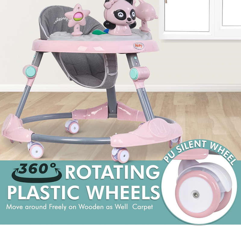 Baby walker multifunctional adjustable height with music, toys, food tray and silent wheels