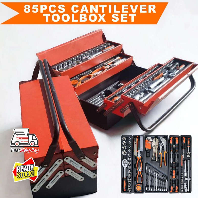85 Pieces Metal Tool Set, Durable Foldable Cantilever Metal Tool Box for DIY
