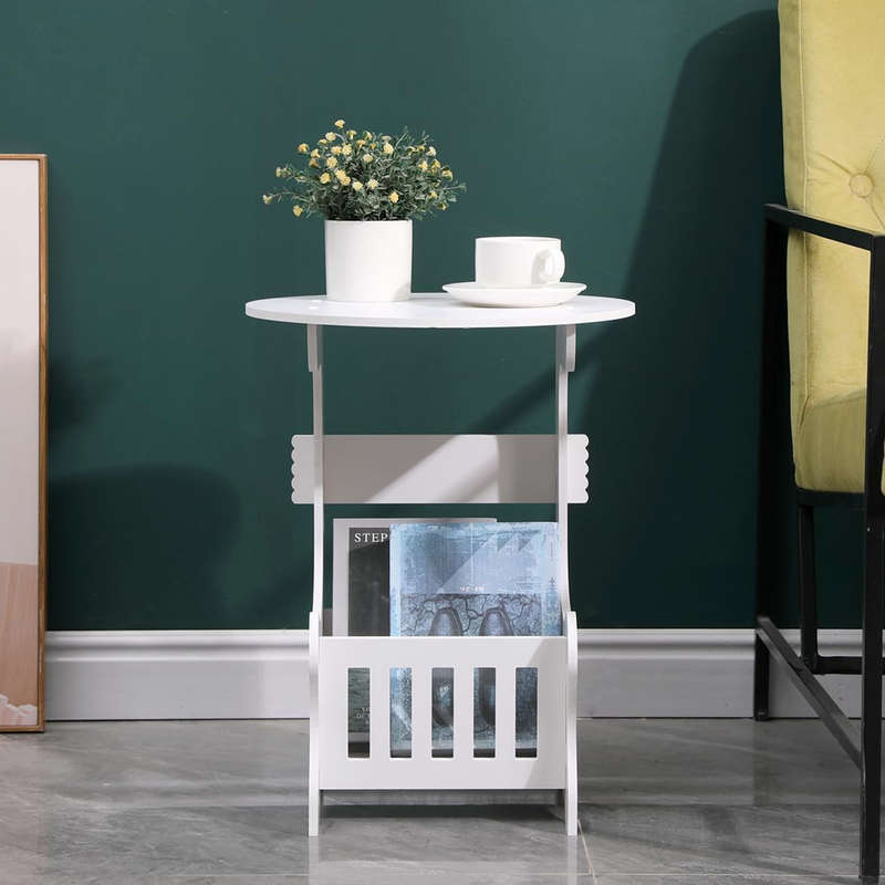 Modern design round side table with integrated storage basket suitable for living room, bedroom