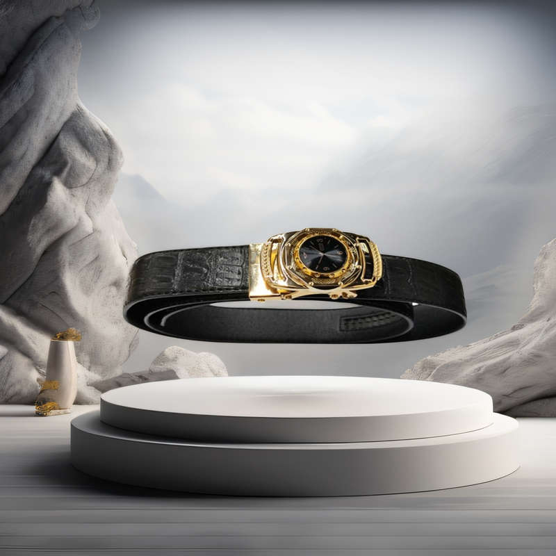 Stylish Luxury Men's Automatic Buckle Belt Black with Clock Decoration