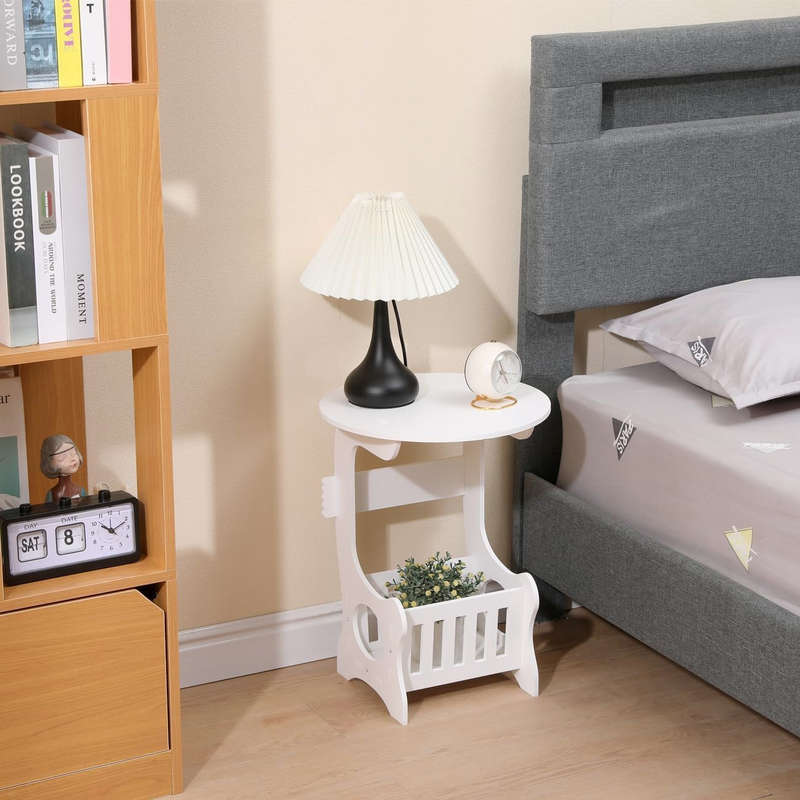 Modern design round side table with integrated storage basket suitable for living room, bedroom